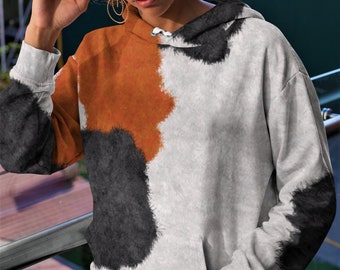 Calico Cat Fur Print Unisex Pullover Hoodie, Animal Fur