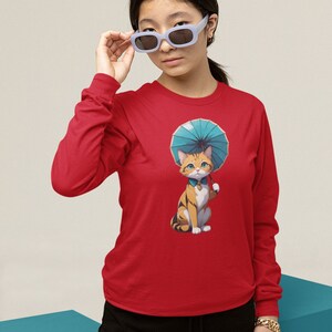 Kitten with a Parasol Youth Long Sleeve Tee, Kawaii Cat Graphic Shirt for Teens