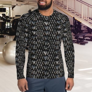 Onyx Dragon Scale Men's Rash Guard, Black Dragonscale Shirt, Fantasy Long Sleeve Workout Shirt