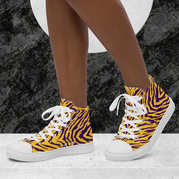 Purple and Gold Tiger Stripes Women’s High Top Canvas Shoes, Sporty Tiger Striped Hi Top Sneakers