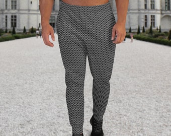 Chain Mail Print Slim Fit Men's Joggers, Knight Cosplay Pants, Halloween Costume, Chainmail Sweats