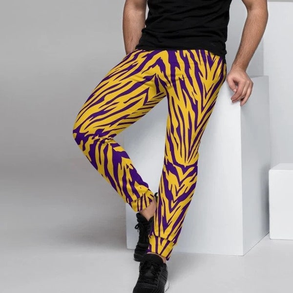 Purple and Gold Tiger Striped Men's Slim Fit Joggers, Gift for Football Fan