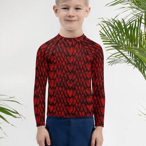 Ruby Dragon Scale Kids&#39; Rash Guard, Red Dragon&#39;s Scales Pattern Shirt for Kids