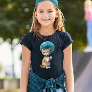 Kitten with Parasol Organic Cotton Kids' T-shirt, Kawaii Cat Graphic Short Sleeve Shirt for Kids