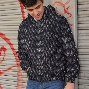 Onyx Dragon Scale Unisex Hoodie, Black Dragon Scales Pattern Pullover Hoodie