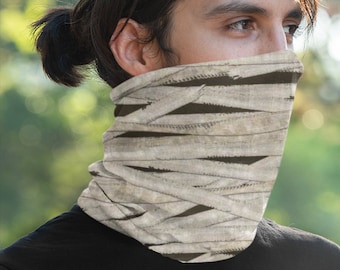Mummy Wrap Neck Gaiter, Bandages Face Covering, Mummified Wrappings Face Mask, Halloween Costume