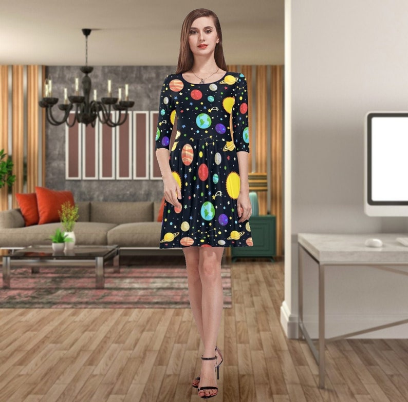 Planets Autumn Dress Solar System Half Sleeve Skater Dress Galaxy Summer Dress