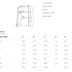 May include: Size chart for a long-sleeved shirt with measurements in inches for chest width, waist width, length, upper arm width, and sleeve length. Sizes range from XS to 3XL.
