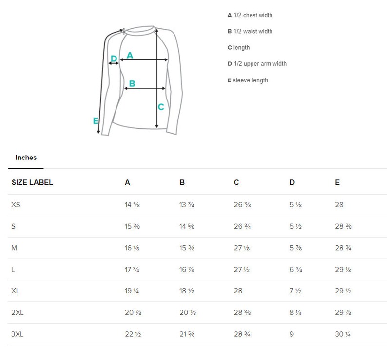 May include: Size chart for a long-sleeved shirt with measurements in inches for chest width, waist width, length, upper arm width, and sleeve length. Sizes range from XS to 3XL.