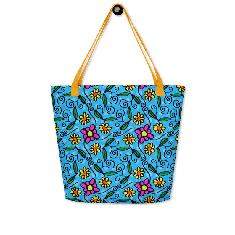 Colorful Big Tote Bag Flowers and Vines Beach Bag