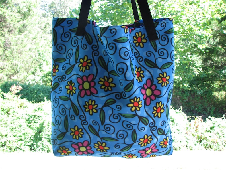 Colorful Big Tote Bag Flowers and Vines Beach Bag