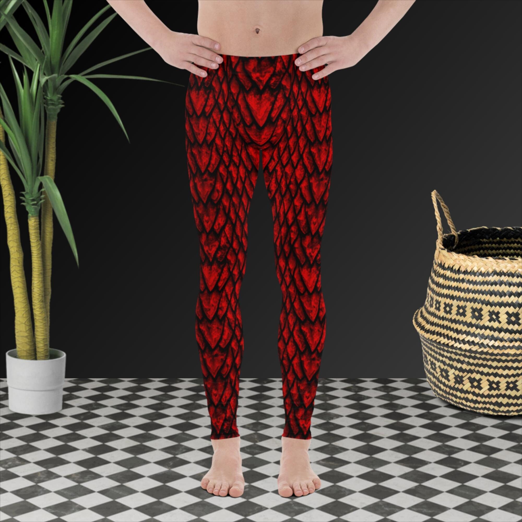 Ruby Dragon Scale Men's Leggings, Red Dragon's Scales Pattern Leggings for Men
