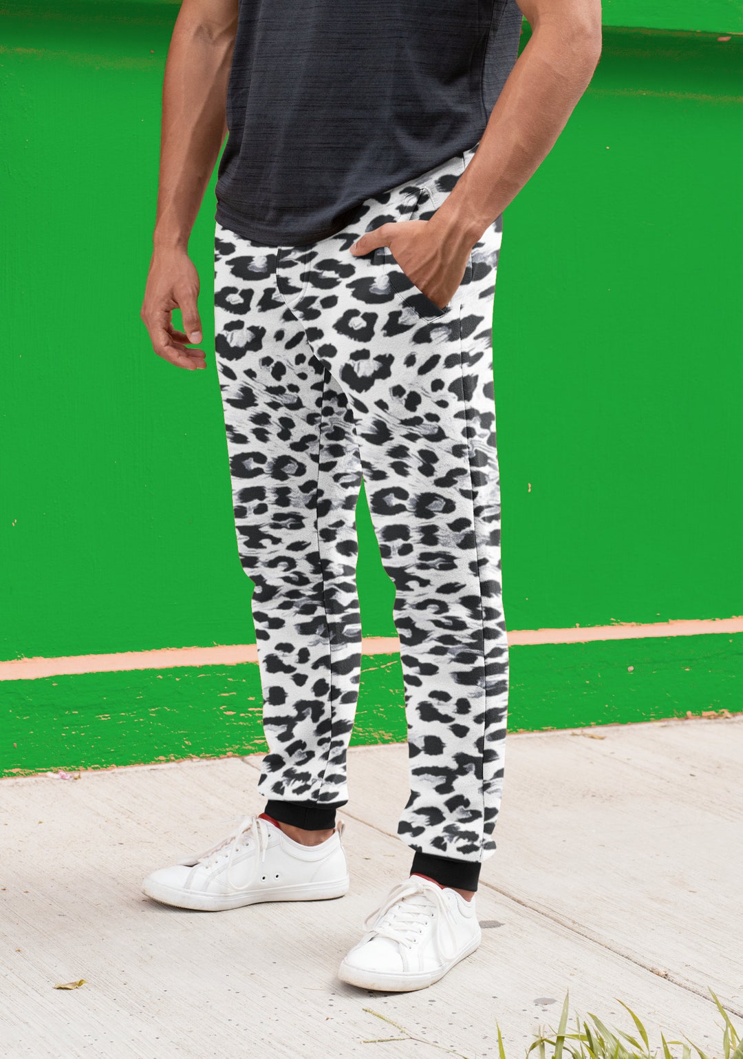Men s Snow Leopard Print Joggers White Leopard Spots Pattern