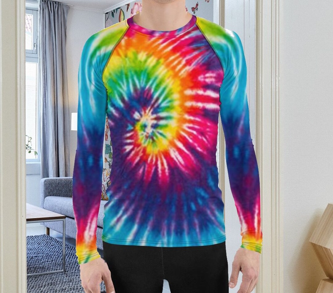 Men's Tie Dye Rash Guard, Rainbow Long Sleeve, Gym Yoga Workout Shirt
