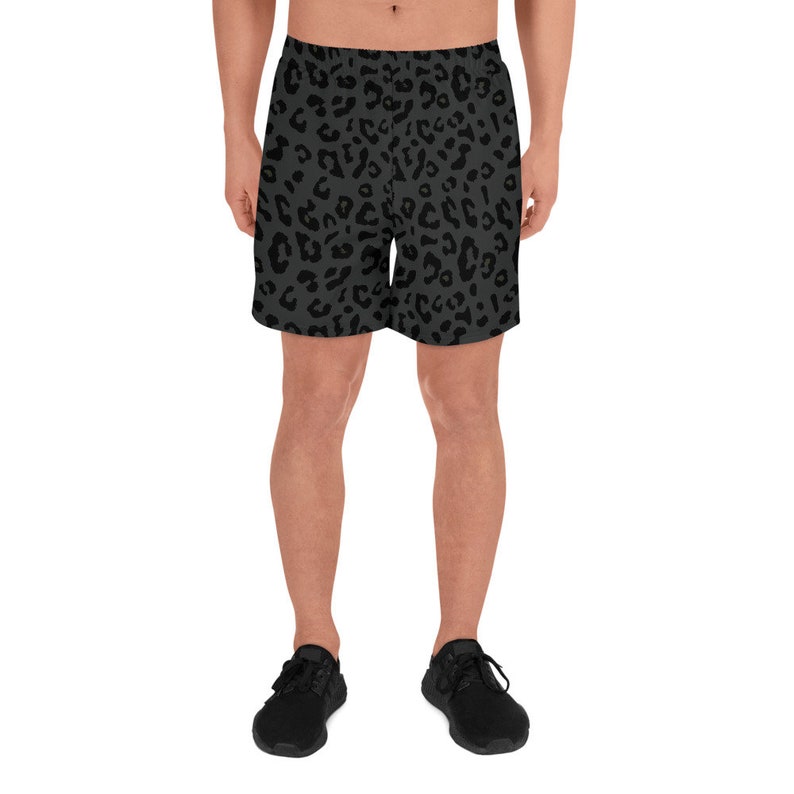 Men's Black Panther Print Recycled Athletic Shorts, Black Leopard Sports Shorts, Animal Fur Pattern image 2