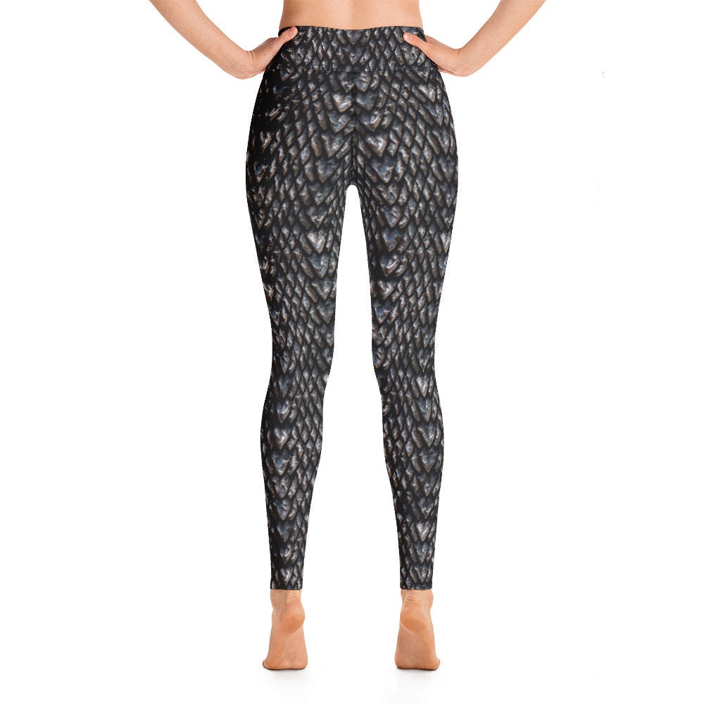 Onyx Dragon Scale Yoga Leggings, Black Dragon Scale Printed Comfortable  Pants 