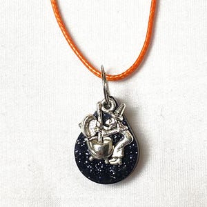 Witch Stirring a Cauldron Necklace, Halloween Resin and Metal Charm Necklace