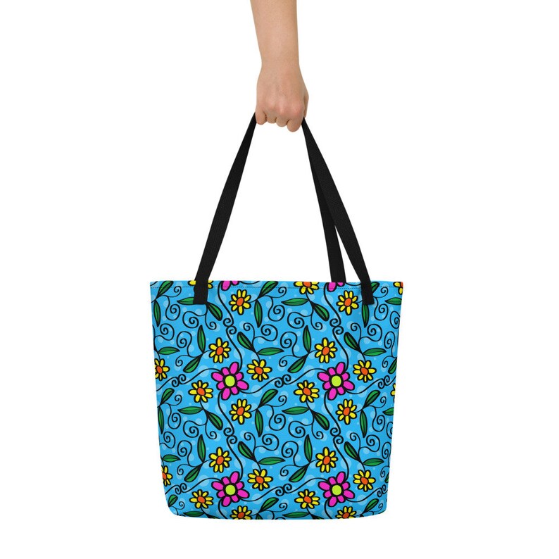 Colorful Big Tote Bag Flowers and Vines Beach Bag