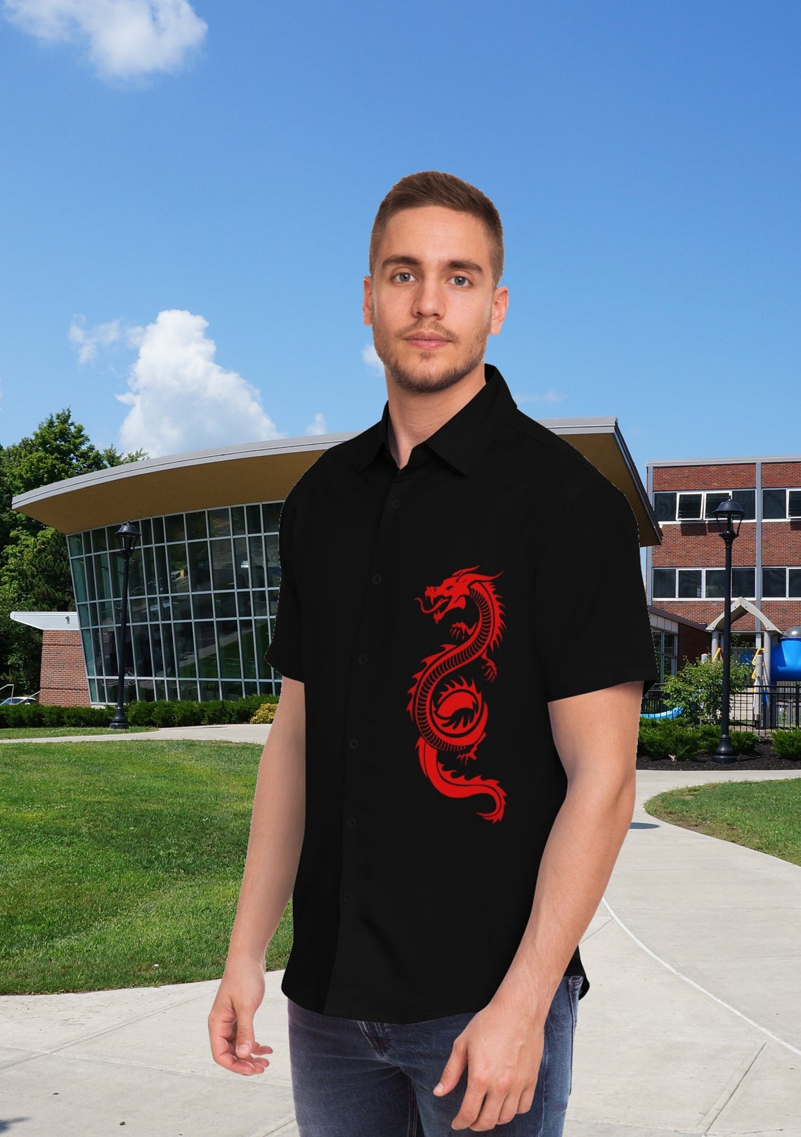 Men's Crimson Dragon Button Down Shirt Red Asian Dragon Etsy