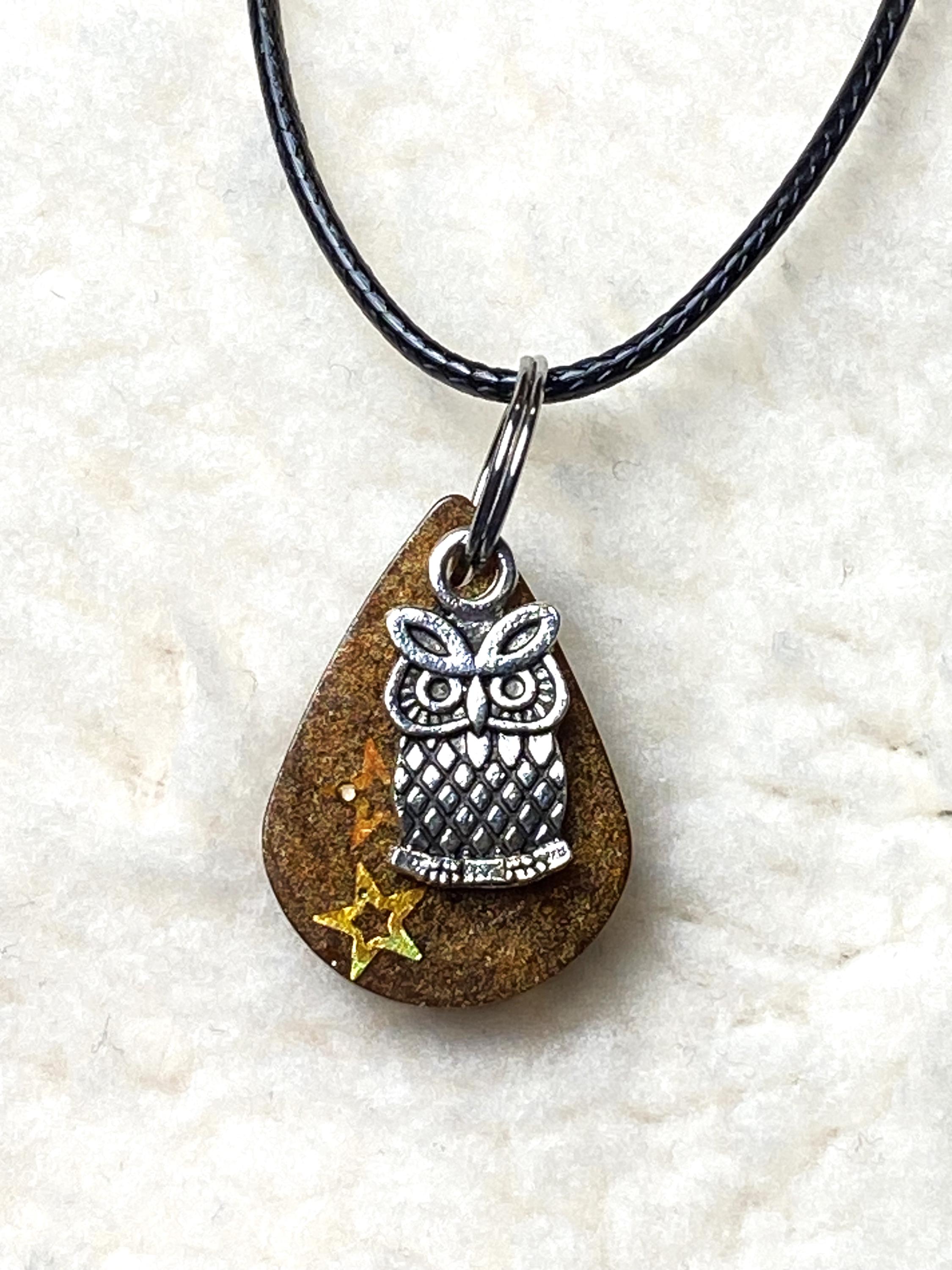 Owl Charm Necklace, Charm and Resin Necklace, Star Glitter Resin Necklace