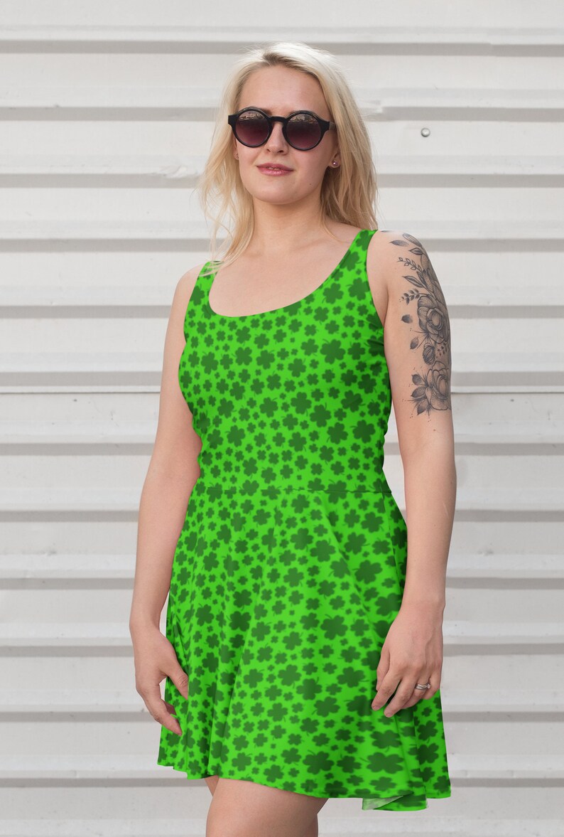 St Patrick/'s Day Summer Dress Irish Clover Dress Shamrock Sleeveless Skater Dress