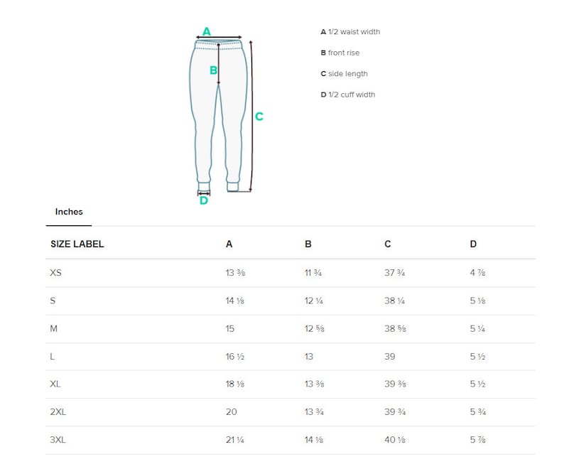 Puede incluir: Tabla de tallas para pantalones de ch&aacute;ndal con medidas en pulgadas para la anchura de la cintura, la altura del tiro, la longitud del lado y el ancho del pu&ntilde;o. Las tallas incluyen XS, S, M, L, XL, 2XL y 3XL.
