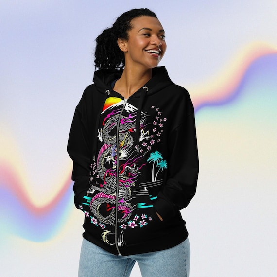 Tokyo Dragon Unisex Zip Hoodie Neon Asian Dragon Zip up Hoodie Etsy