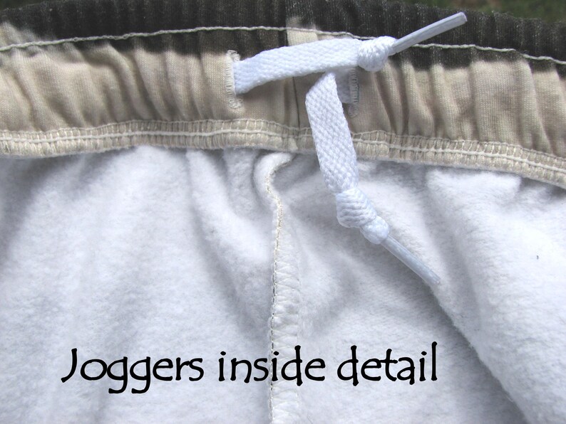 May include: Close-up of the inside of a pair of joggers, showing the white drawstring and the beige waistband. The text "Joggers inside detail" is visible at the bottom of the image.