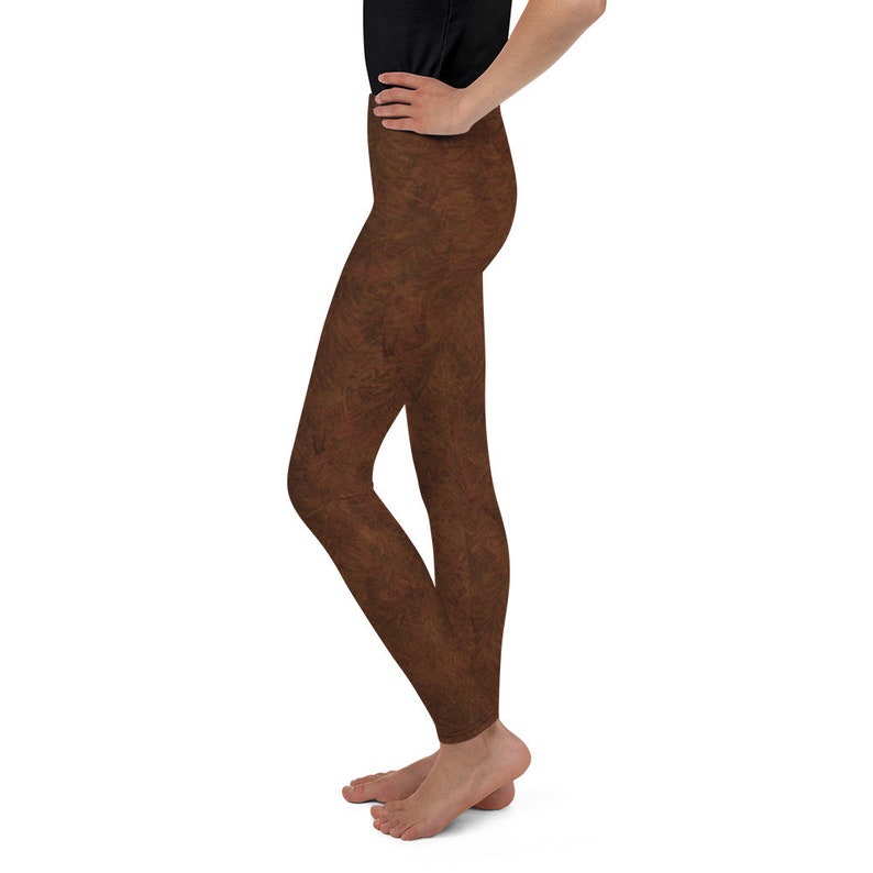 Brown Fur Print Youth Leggings, Brown Animal Fur Pattern Pants image 2