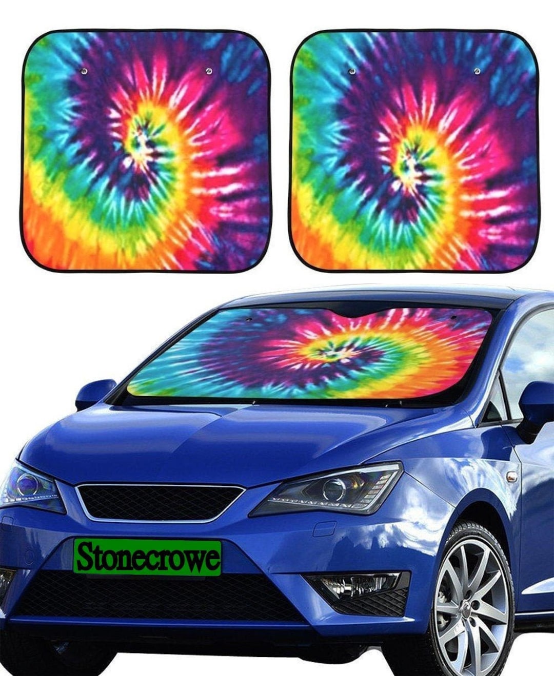 Rainbow Tie Dye Car Sun Shade, Colorful Windshield Cover, Hippie Car