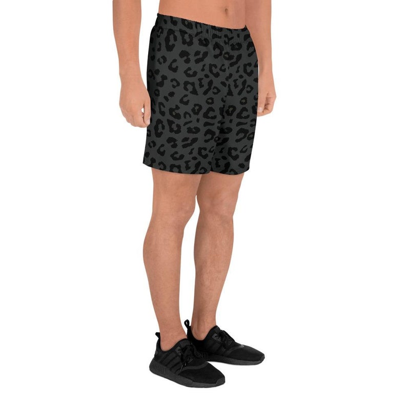 Men's Black Panther Print Recycled Athletic Shorts, Black Leopard Sports Shorts, Animal Fur Pattern image 3
