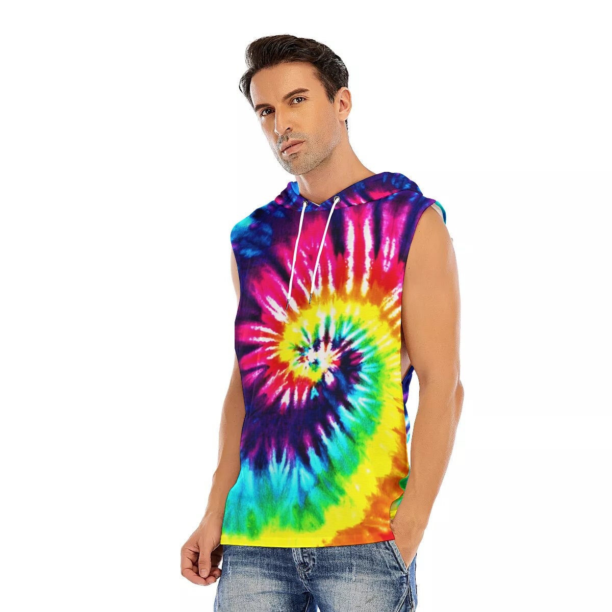 Rainbow Tie Dye Swirl Sleeveless Hoodie 