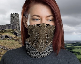 Leather and Chain Neck Gaiter & Crest Headband, Knight Cosplay Face Covering, Chainmail Face Mask