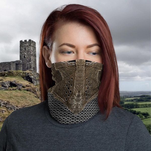 Leather and Chain Neck Gaiter & Crest Headband, Knight Cosplay Face Covering, Chainmail Face Mask