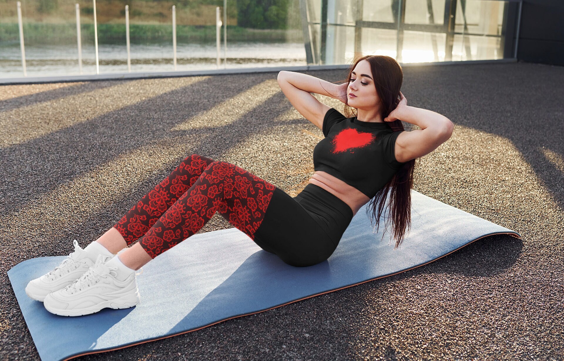 Crimson Lace Print Sports Leggings Red 