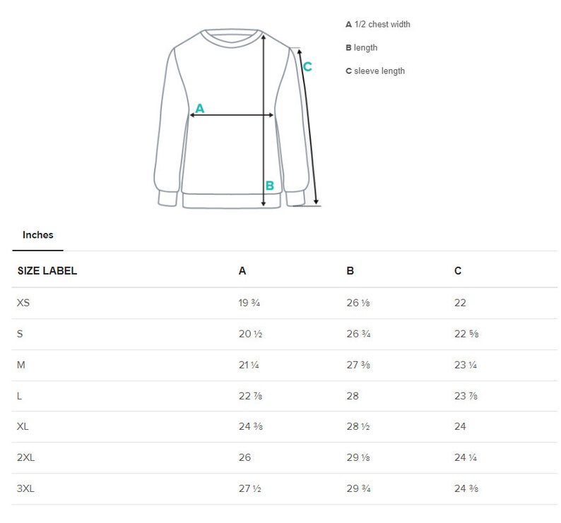 Op de afbeelding: Maattabel voor een sweatshirt met maten in inches voor borstbreedte, lengte en mouwlengte. De maten omvatten XS, S, M, L, XL, 2XL en 3XL.