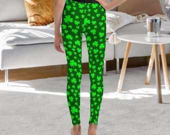 Shamrock Print Youth Leggings, Irish Plant Pattern Leggings for Teens