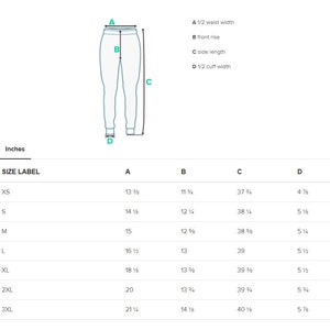 May include: Size chart for sweatpants with measurements in inches for waist width, front rise, side length, and cuff width. Sizes include XS, S, M, L, XL, 2XL, and 3XL.
