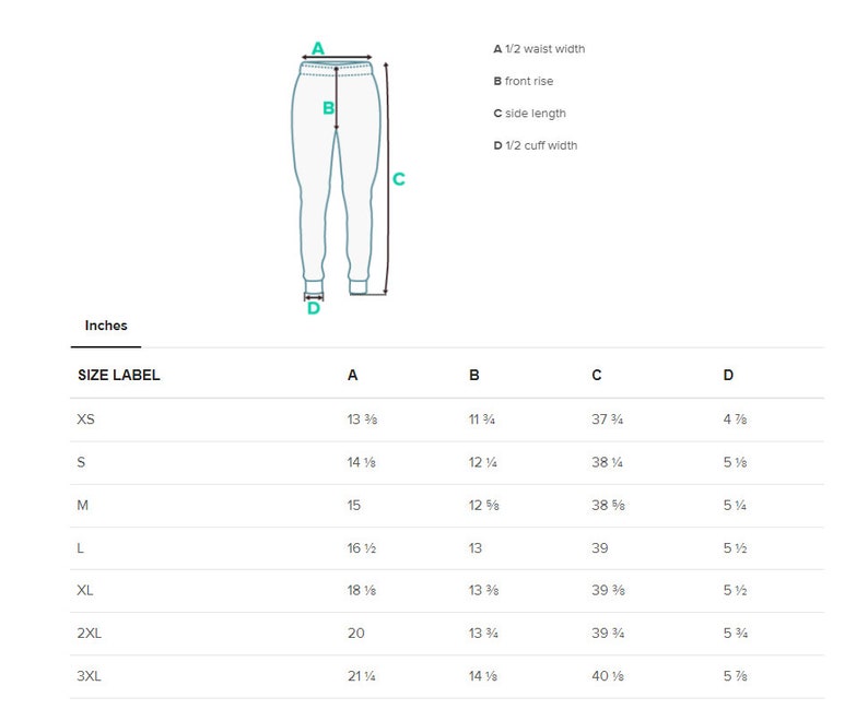 May include: Size chart for sweatpants with measurements in inches for waist width, front rise, side length, and cuff width. Sizes include XS, S, M, L, XL, 2XL, and 3XL.