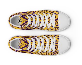 Purple and Gold Tiger Stripes Women's High Top Canvas Shoes