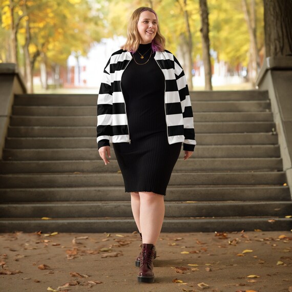 Black bomber jacket with white stripes sales