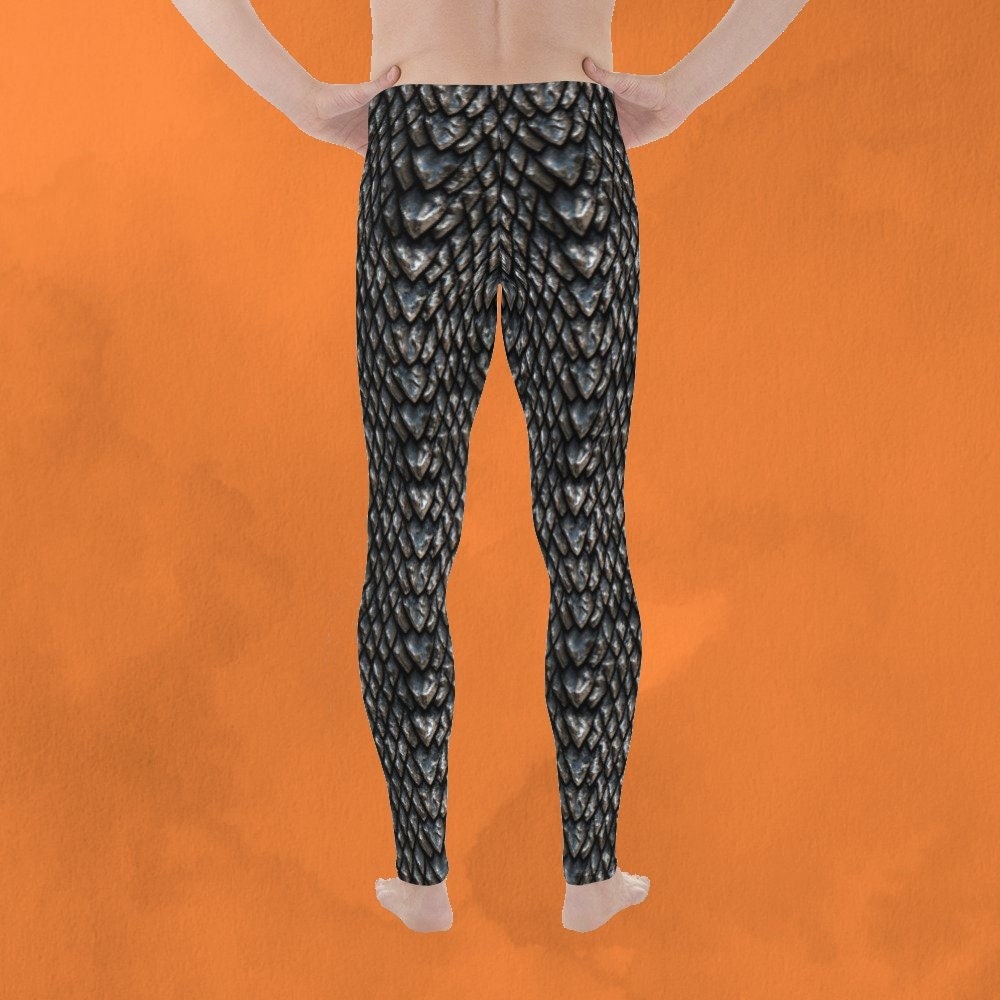 Men's Onyx Dragon Scale Leggings, Black Dragon Hide Pattern Men's Leggings
