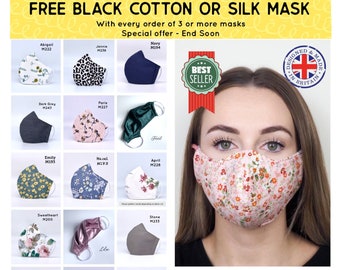 UK Face Mask, Triple Layer Face Mask, Adjustable Straps, Soft & Comfy, Washable Premium Fabric Face Covering - Adult