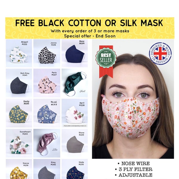 UK Face Mask, Triple Layer Face Mask, Adjustable Straps, Soft & Comfy, Washable Premium Fabric Face Covering - Adult