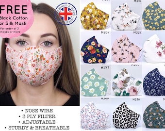 UK made Floral Face Mask with Nose Wire, Triple Layer Filter, Adjustable Soft Round Straps, Washable Face Mask, Premium Fabric Mask - CL