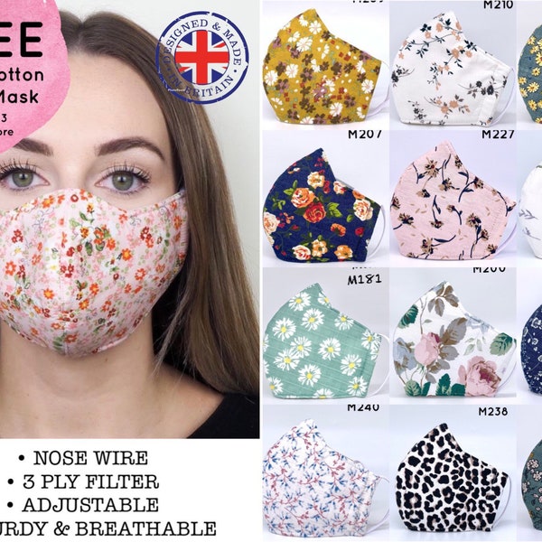 UK made Floral Face Mask with Nose Wire, Triple Layer Filter, Adjustable Soft Round Straps, Washable Face Mask, Premium Fabric Mask - CL