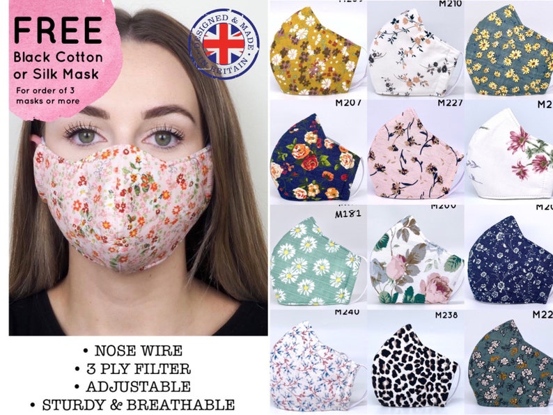 UK made Floral Face Mask with Nose Wire, Triple Layer Filter, Adjustable Soft Round Straps, Washable Face Mask, Premium Fabric Mask - CL 