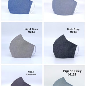 May include: Six different colors of face masks, each with a different color and code. The colors are blue, lavender blue, light grey, dark grey, charcoal, and pigeon grey. The codes are M065, M143, M244, M243, M234, and M152.