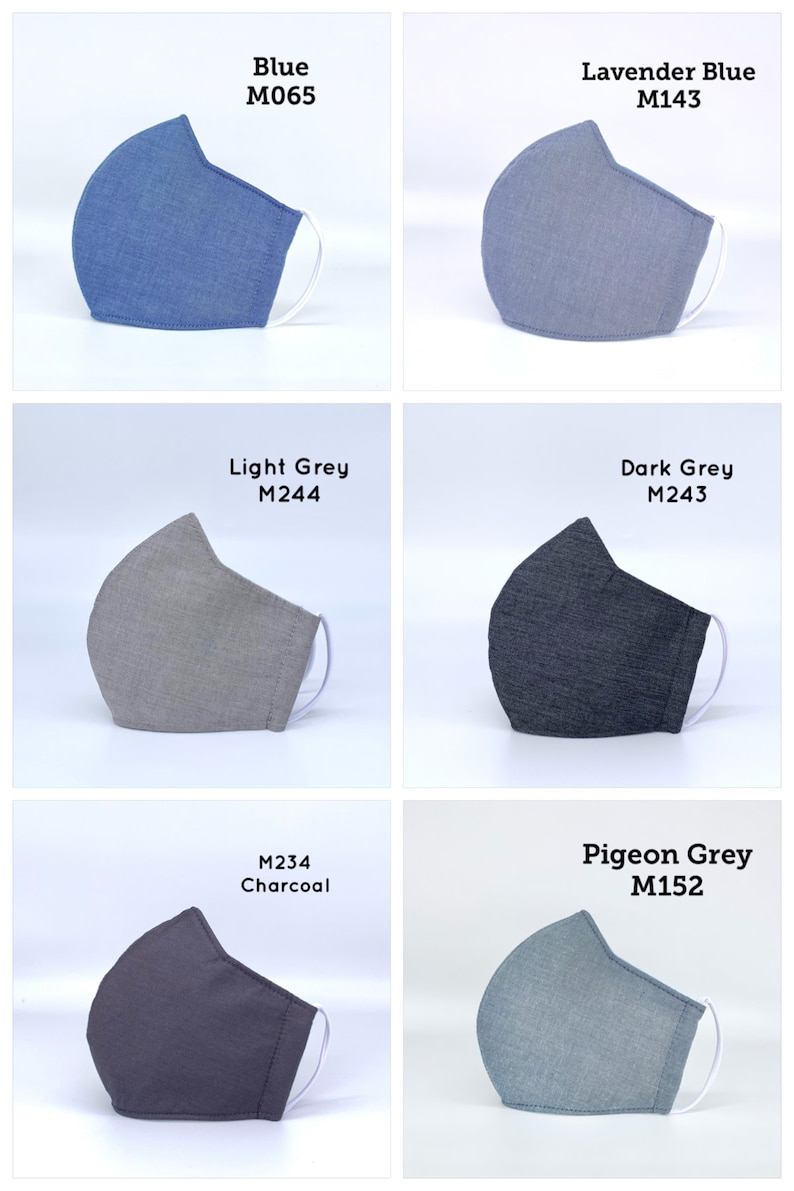 May include: Six different colors of face masks, each with a different color and code. The colors are blue, lavender blue, light grey, dark grey, charcoal, and pigeon grey. The codes are M065, M143, M244, M243, M234, and M152.