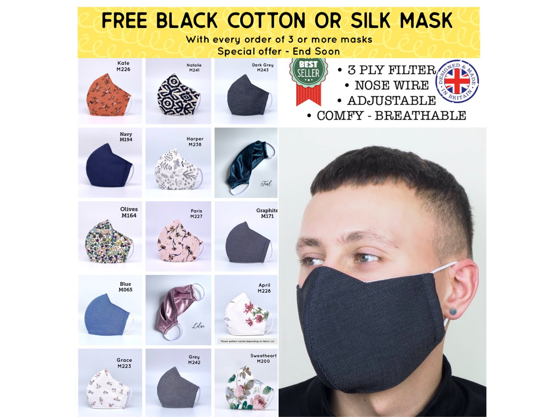 UK BREATHABLE Face Mask with Nose Wire with 3-Ply Built-in Filter, Ad…
